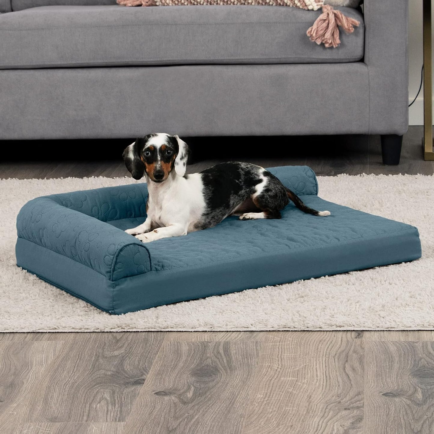 Furhaven Cooling Gel Dog Bed for Medium/Small Dogs w/ Removable Bolsters & Washable Cover, For Dogs Up to 35 lbs - Pinsonic Quilted Paw L Shaped Chaise - Bluestone, Medium