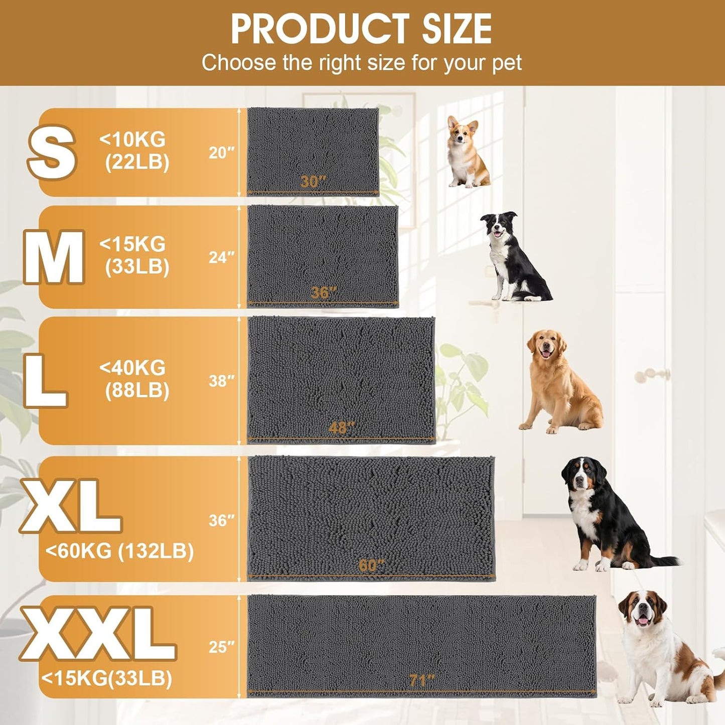 IM HOME Extra Large Dog Door Mats for Muddy Paws, Chenille Absorbent Dog Mats, Non Slip Heavy Mud Mat for Dogs, Soft Pet Mat for Entryway, Mud Paws, Inside Floor,71" x 25", Grey