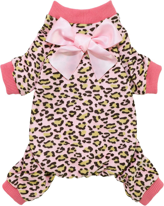 Fitwarm Leopard Dog Pajamas, Fleece Dog Clothes for Small Dogs Girl with Legs, Pet Onesie, Cat Outfit, Pink, Medium