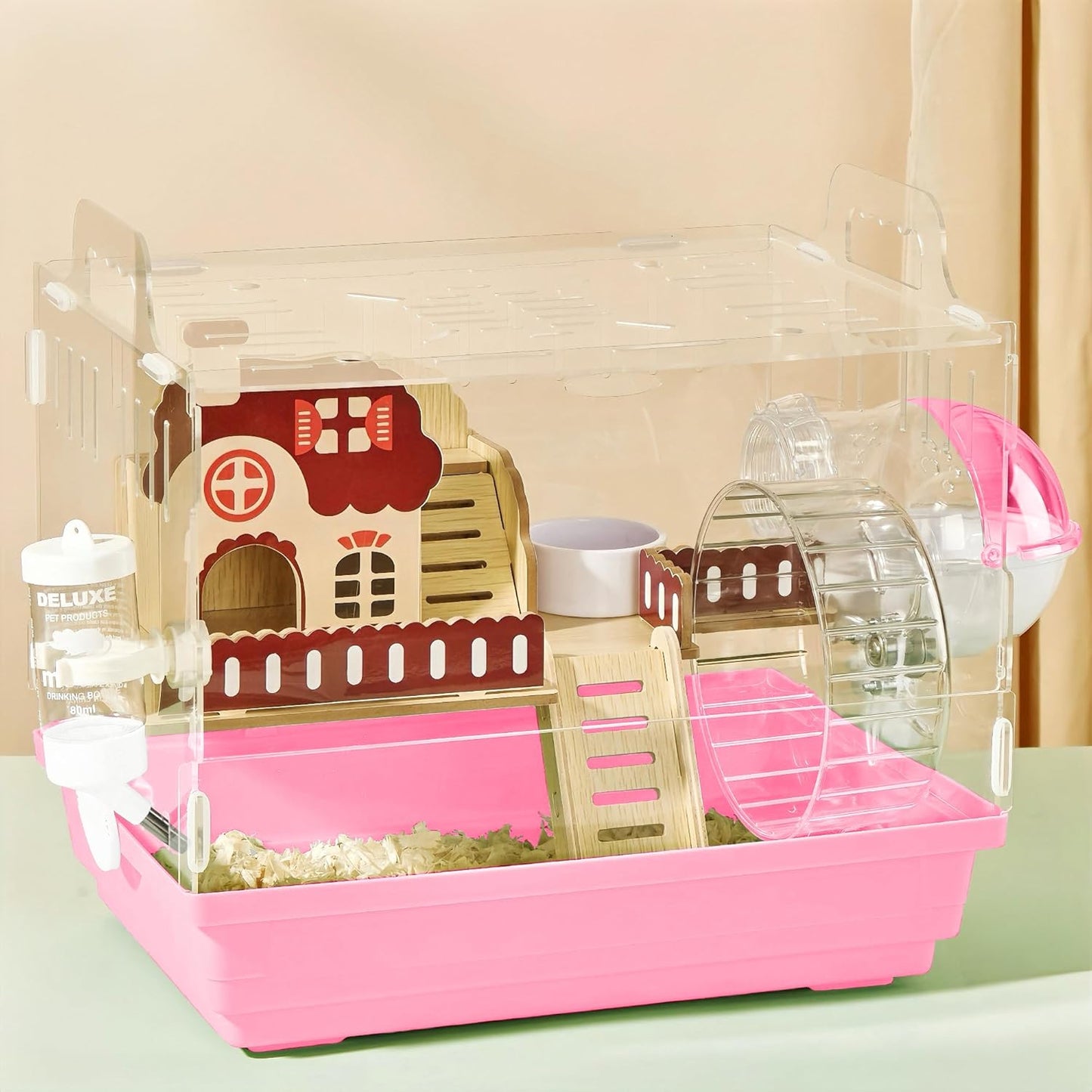 8 in 1 Clear Acrylic Hamster Cage with All Accessories,13.5''L* 10''W* 13''H Dwarf Hamster Cage,Small Hamster Habitat,Garden Style Mouse Cage for Pet Mice,Hamster Enclosure(1-Layer,Pink)