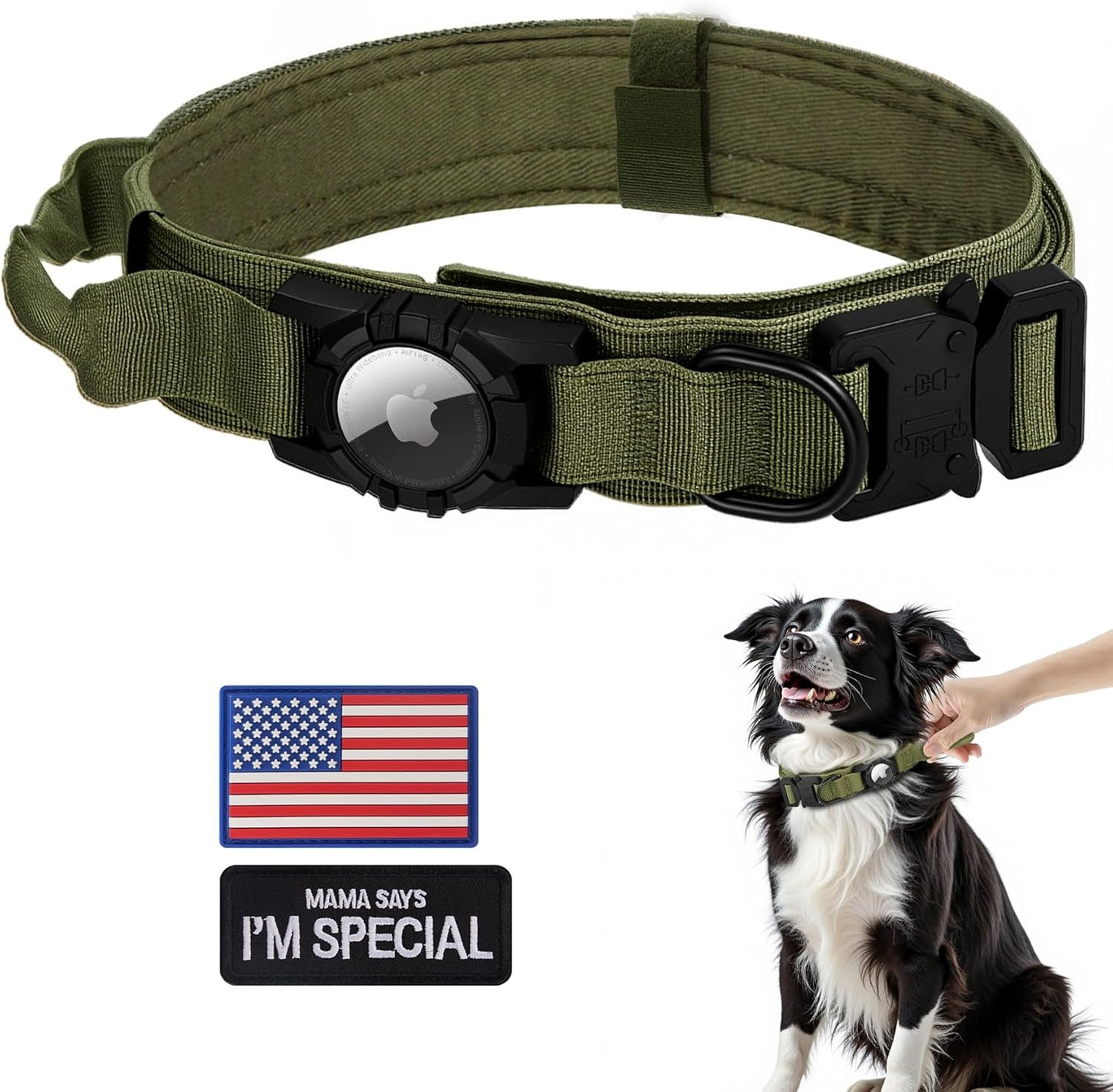 Tactical AirTag Dog Collar - Heavy Duty, Adjustable GPS Collar Compatible with Apple AirTag, with Holder & Control Handle for Medium/Large Dogs [ Green, L ]