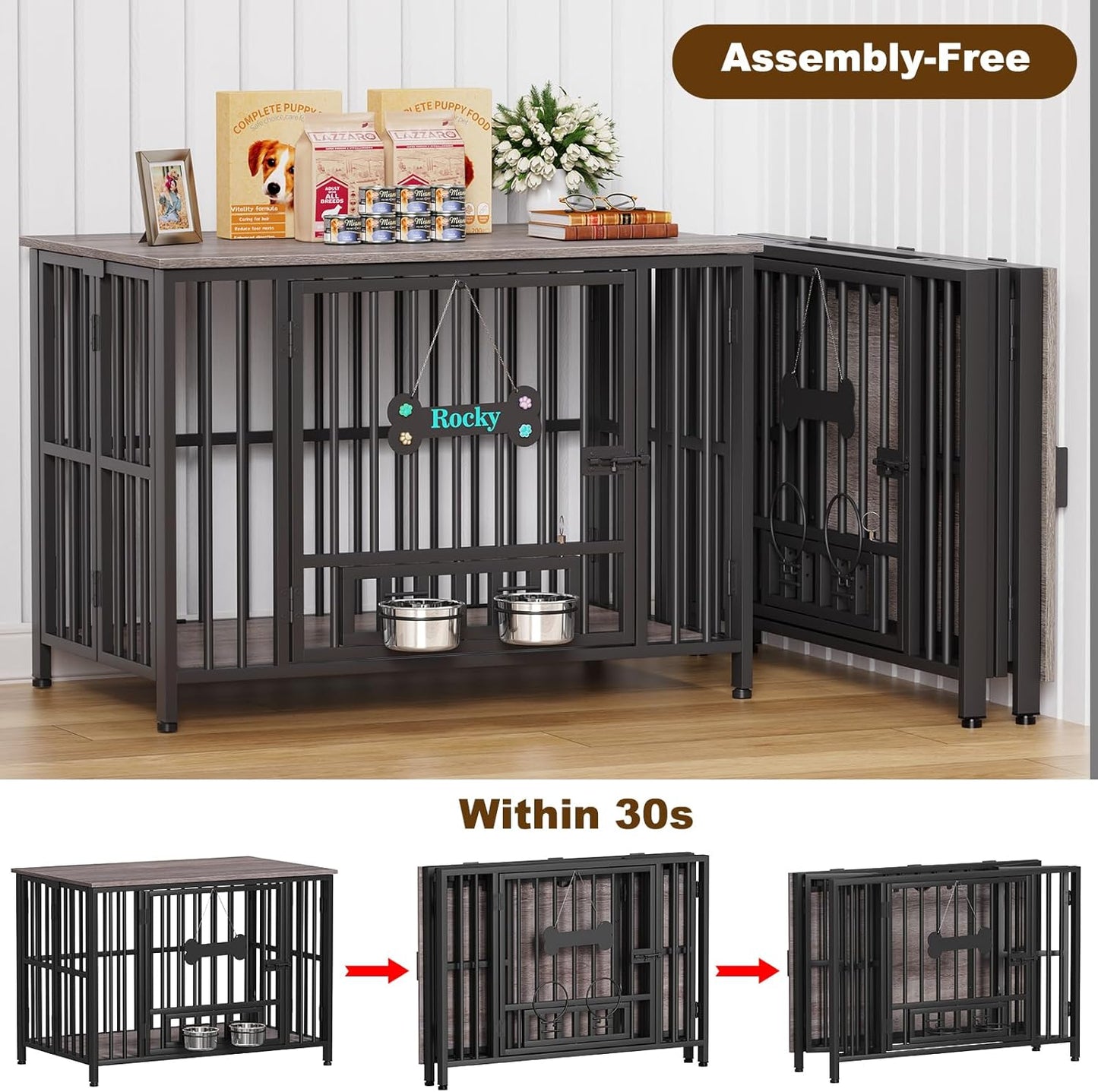 Easycom 41" Dog Crate Furniture Foldable, No Assembly Decorative Dog Kennel Indoor, Dog Crates for Large Dogs (40-65 lbs), Wooden Dog Cage with Adjustable Bowls and Name Tag, End Table, Oak Grey