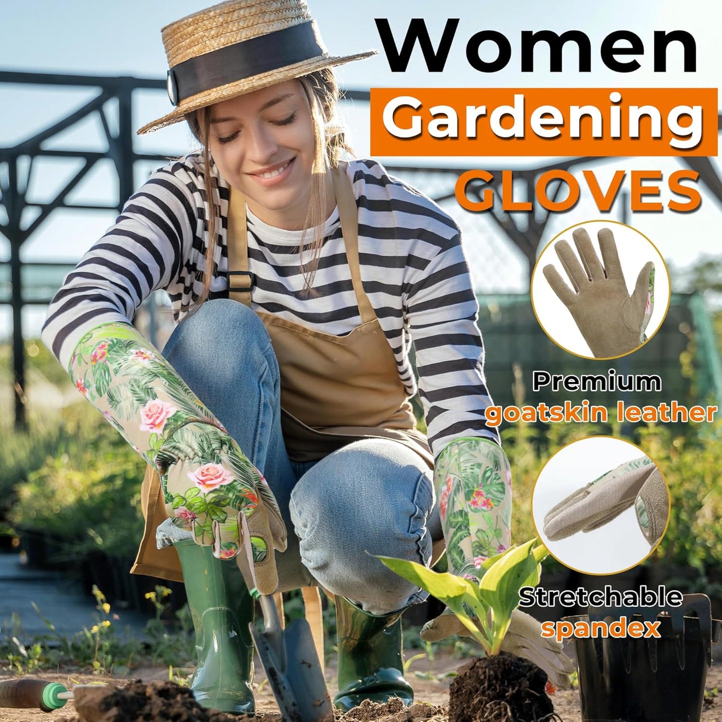 HANDLANDY Leather Gardening Gloves for Women, Thorn Proof Breathable Ladies Rose Pruning Garden Gauntlet Yard Gloves, Gift for Gardeners (Khaki, S)