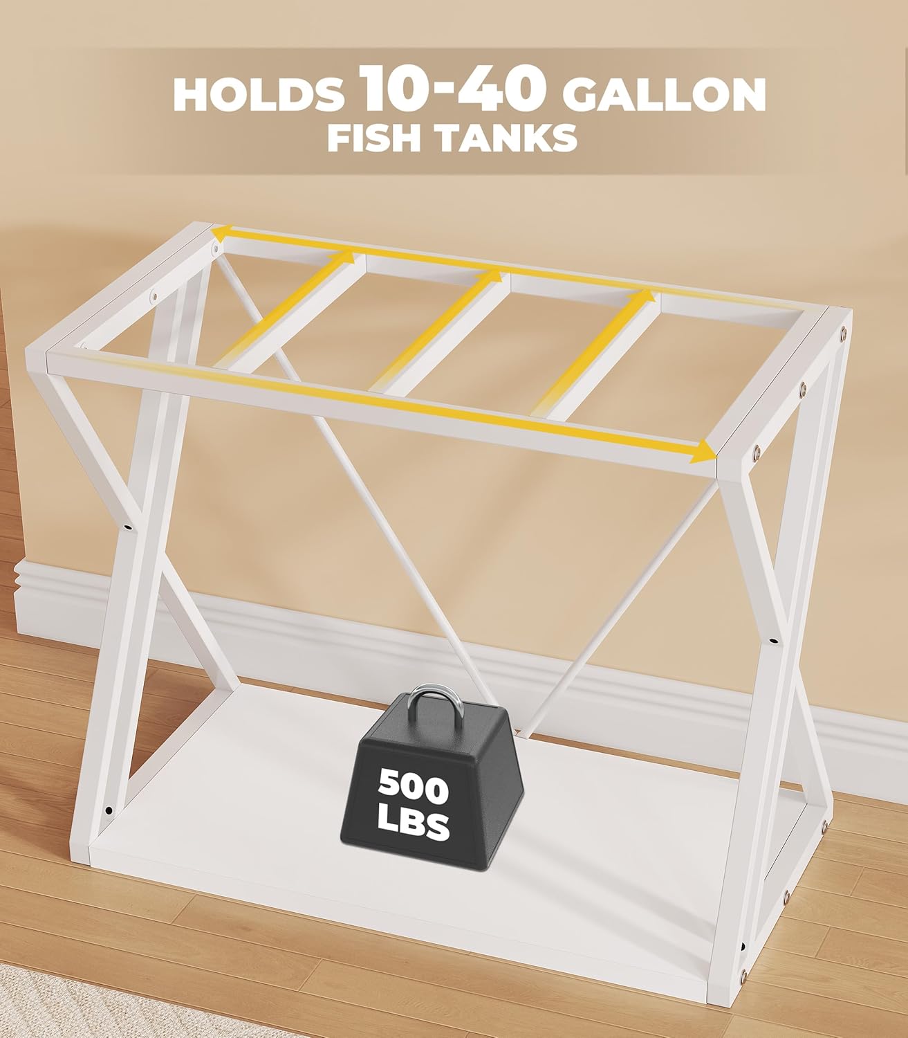 YITAHOME 10-40 Gallon Fish Tank Stand, Double-Layer Metal Aquarium Stand for Reptile Turtle Terrarium Breeder, White