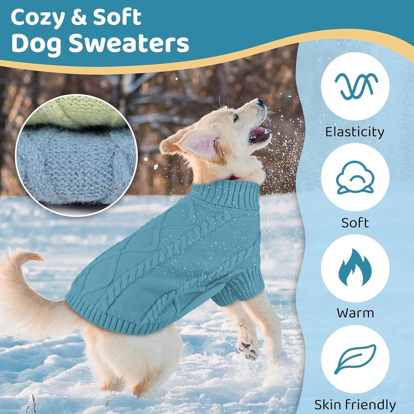 Queenmore Small Dog Pullover Sweater, Cold Weather Cable Knitwear, Classic Turtleneck Thick Warm Clothes for Chihuahua, Bulldog, Dachshund, Pug (Peacock Blue, Large)