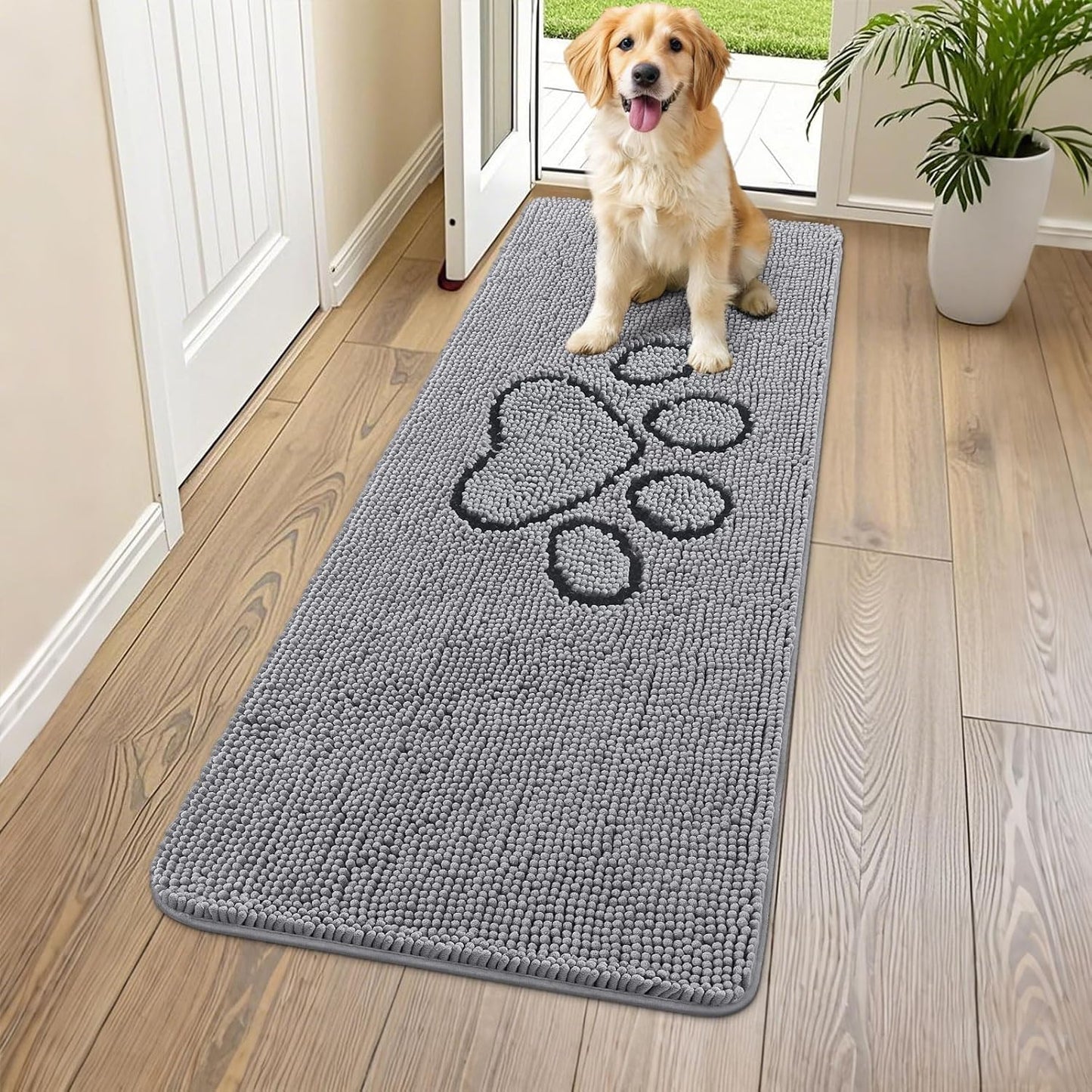 Smiry Dog Door Mat for Muddy Paws, Absorbent Dirt Trapper Non Slip Quick Dry Washable Chenille Mat for Mud Dogs, Entry Rug for Indoor and Outdoor (59x24 Inches, Grey)