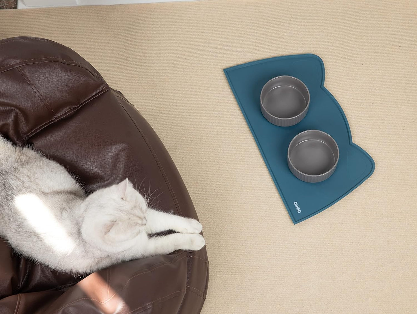 OHMO - Cat Food Mat, Silicone Pet Feeding Mat for Floor Non-Skid Waterproof Dog Water Bowl Tray, Easy to Clean Pet Placemat (Teal, 18 * 9.8'')