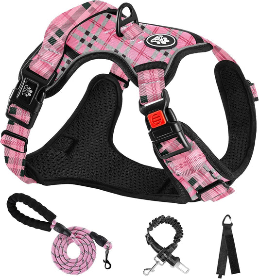 NESTROAD No Pull Dog Harness with Leash, Reflective No Choke Pet Vest Harness,Adjustable Soft Padded Dog Harness with Easy Control Handle for Small Dogs(Checkered Pink,Small)