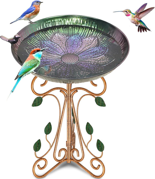 Vintage Metal Bird Bath for Outside, 13" Dia Birdbaths Bowl with Cast Iron Pedestal, Large Antique Bird Feeder with Folding Bracket for Outdoors Garden Patio Yard Decor (Purple Lotus)