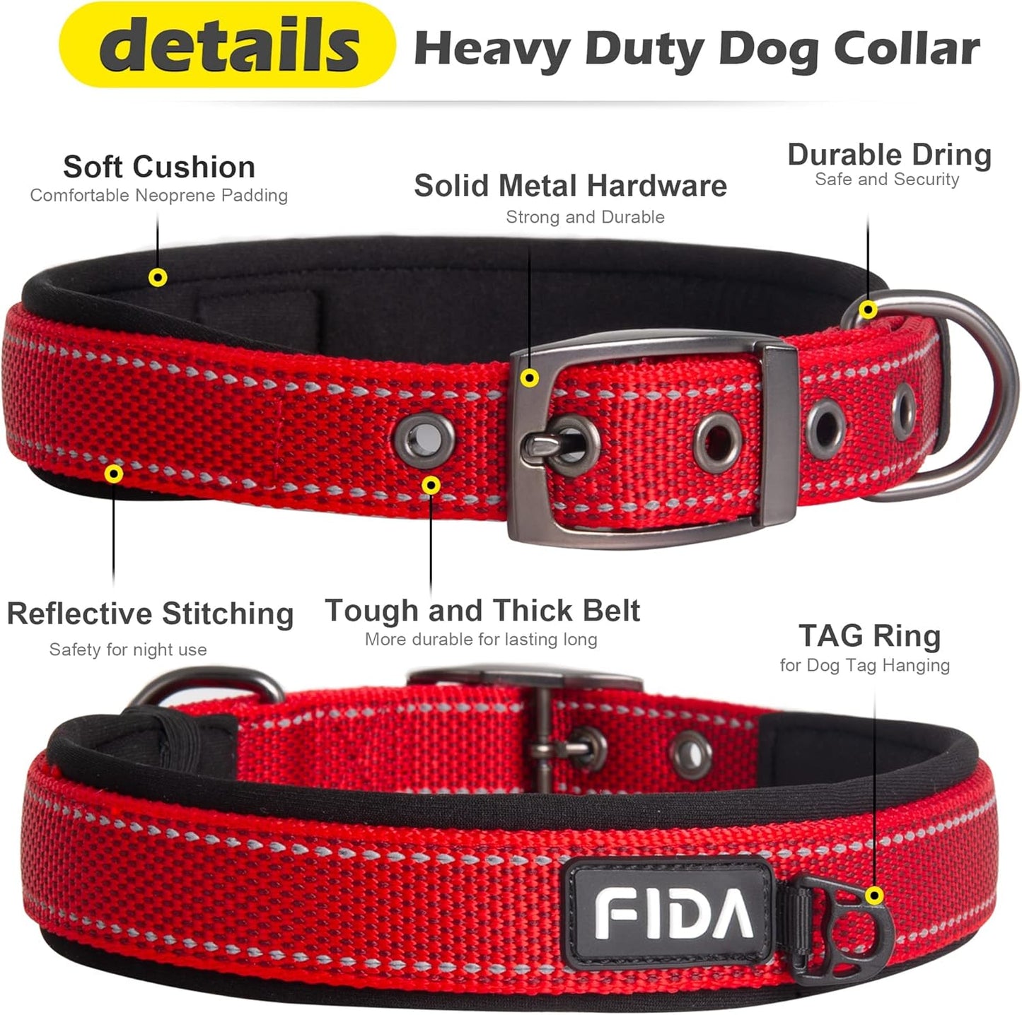 Fida Heavy Duty Dog Collar, Ultra Comfortable Soft Neoprene Padded, Adjustable Reflective Nylon Pet Collar with Durable Metal Belt Buckle for Small Breeds (S, Red)