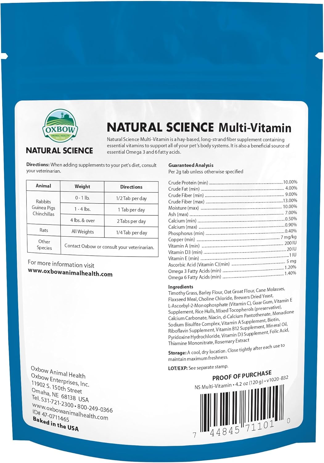 Oxbow Animal Health Natural Science Multi-Vitamin, High Fiber Supplement for Rabbit & Guinea Pig, Made with Timothy Hay, Multi-Pet Households, Omega 3 & 6 Fatty Acids, Made in USA, 4.2 oz Bag