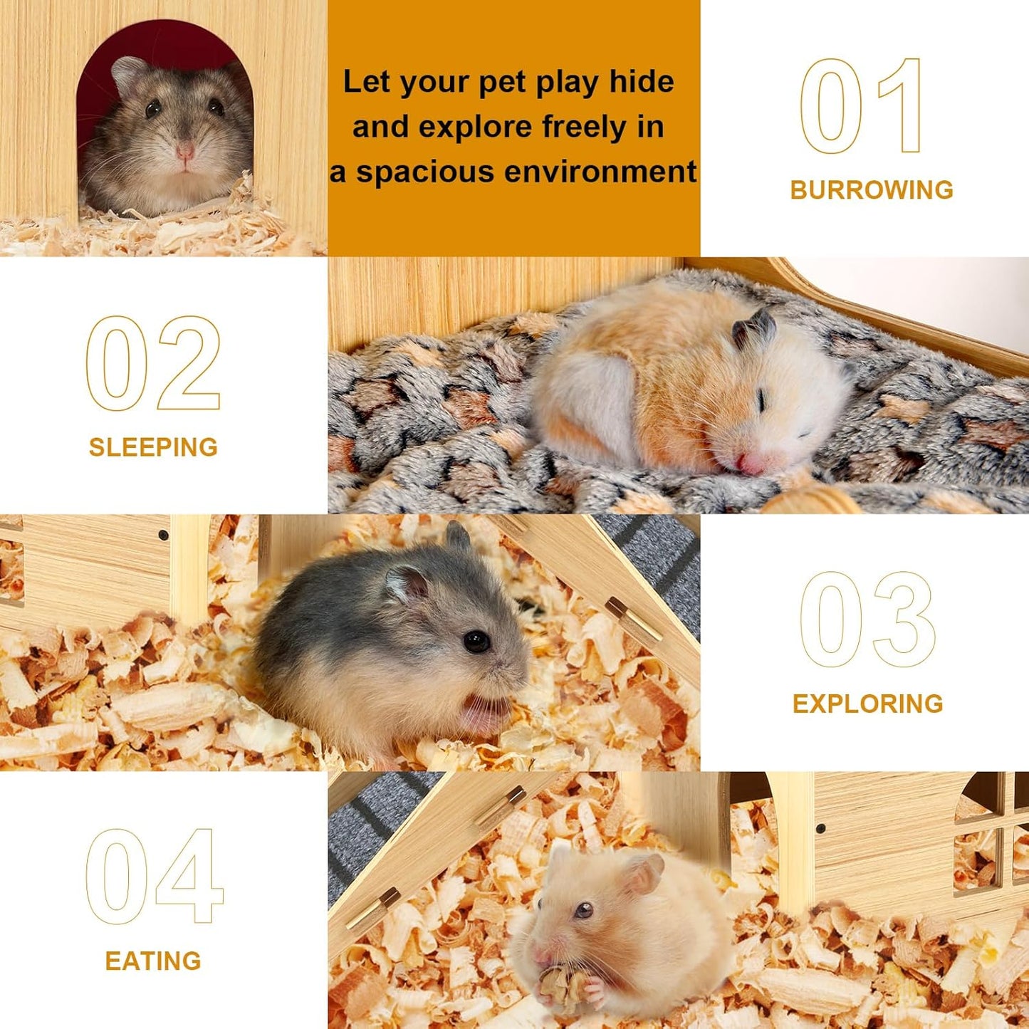 Wooden Guinea Pig Castle Hideout,Enlarged Guinea Pig Castle,Wooden Hamster House with Stairs & Mat,Long-Lasting Small Pet Bed for Piggies Chinchilla Rat Hamster Bunny