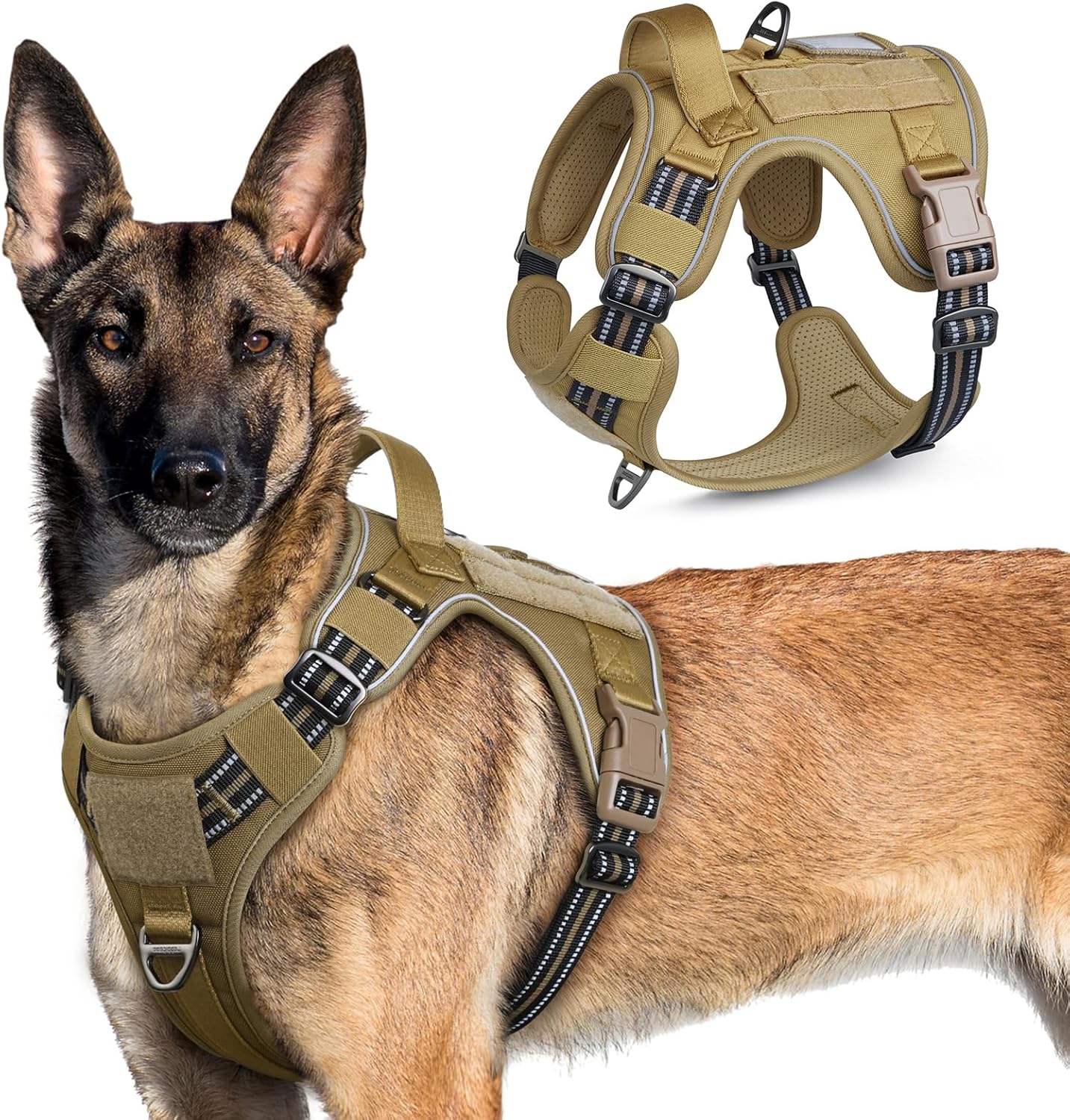 rabbitgoo Tactical Dog Harness for Large Dogs, No Pull Military Service Vest with Handle & Molle, Easy Control for Training Walking, Adjustable Reflective Straps, Brown, XL