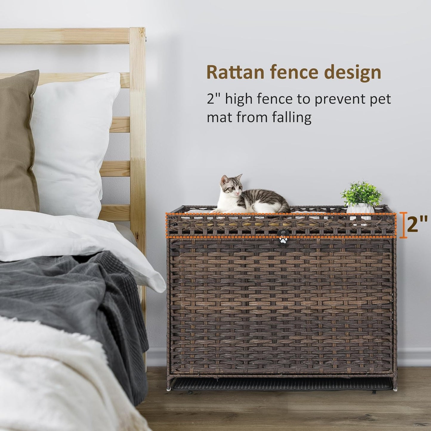 Cat Litter Box Enclosure with Soft Litter Mat; Hidden Cat Washroom Furniture with Door; Handwoven Rattan Cat House with Large Space; Pet Crate for Living Room, Bedroom, Balcony (Brown)