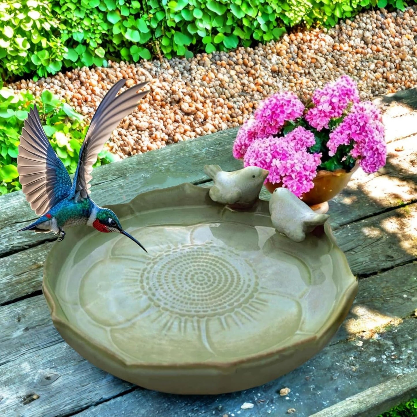 Bird Bath for Outside on Ground, 10 in Ceramic Birds Bath Bowl, Handmade Ground Bird Feeders and birdbath for Outdoors for Outdoors, Garden, Tabletop, Balcony and Lawn (Big - shallow)