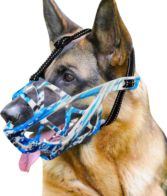 Dog Muzzle for Large Dogs, Medium and X-Large Aggressive Dog, Breathable Basket Muzzles, Suitable for Grooming Trimming Training, Allows Panting Drinking (Camouflage Blue, S)