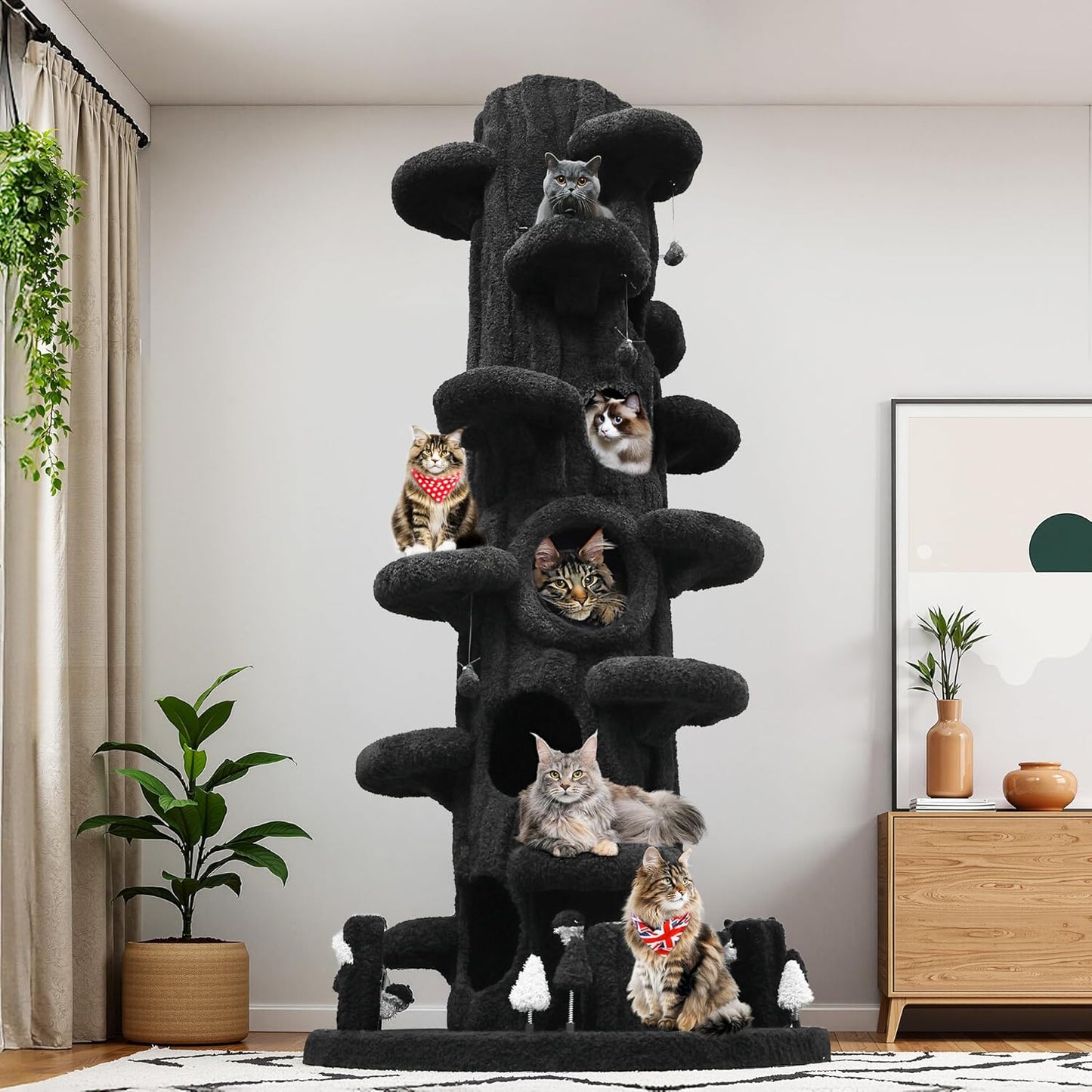 Super Large Cat Tree for Indoor Cats, All-in-One Tall Cats Tower with Scratching Post, Luxury Multi-Level Solid Wood Cat Condo for Multi-Cat Families (Black)