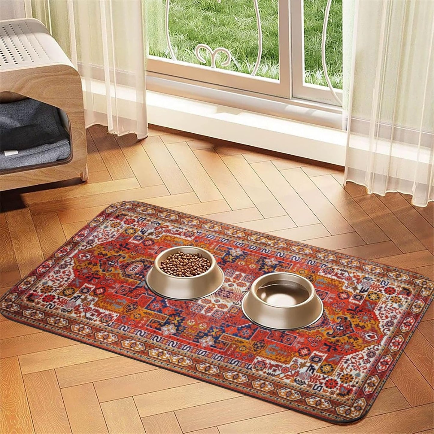 Boho Folk Geometric Ornament Dog Food Mat Absorbent Bowl Mats No Stains Quick Dry Waterproof Pet Cat Placemats for Food and Water, 30x45cm