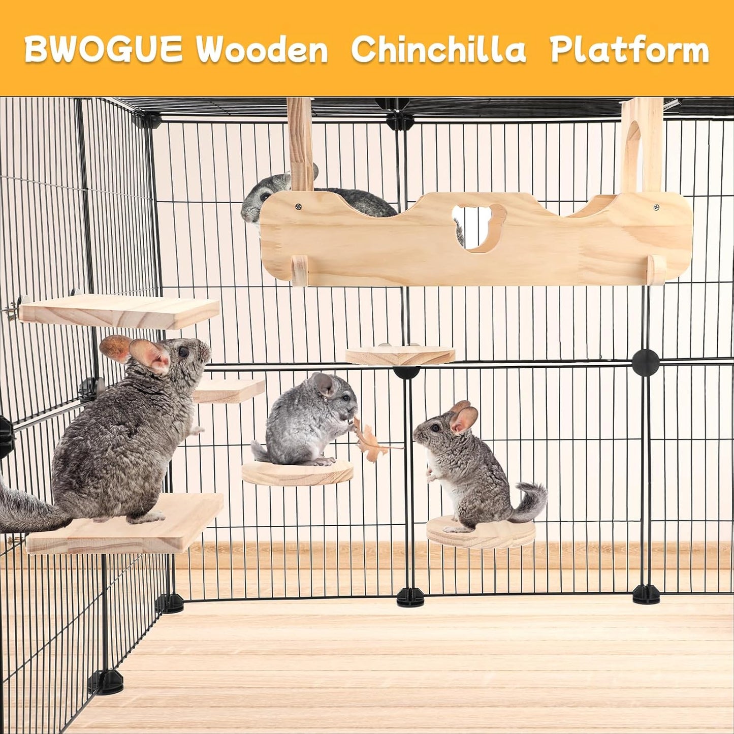 BWOGUE Chinchilla Suspension Bridge, Hanging Large Small Animal Wooden Bridge and Platform, Chinchilla Ledges and Platforms Set for Sugar Gliders, Squirrels, Chinchillas Habitat Toy