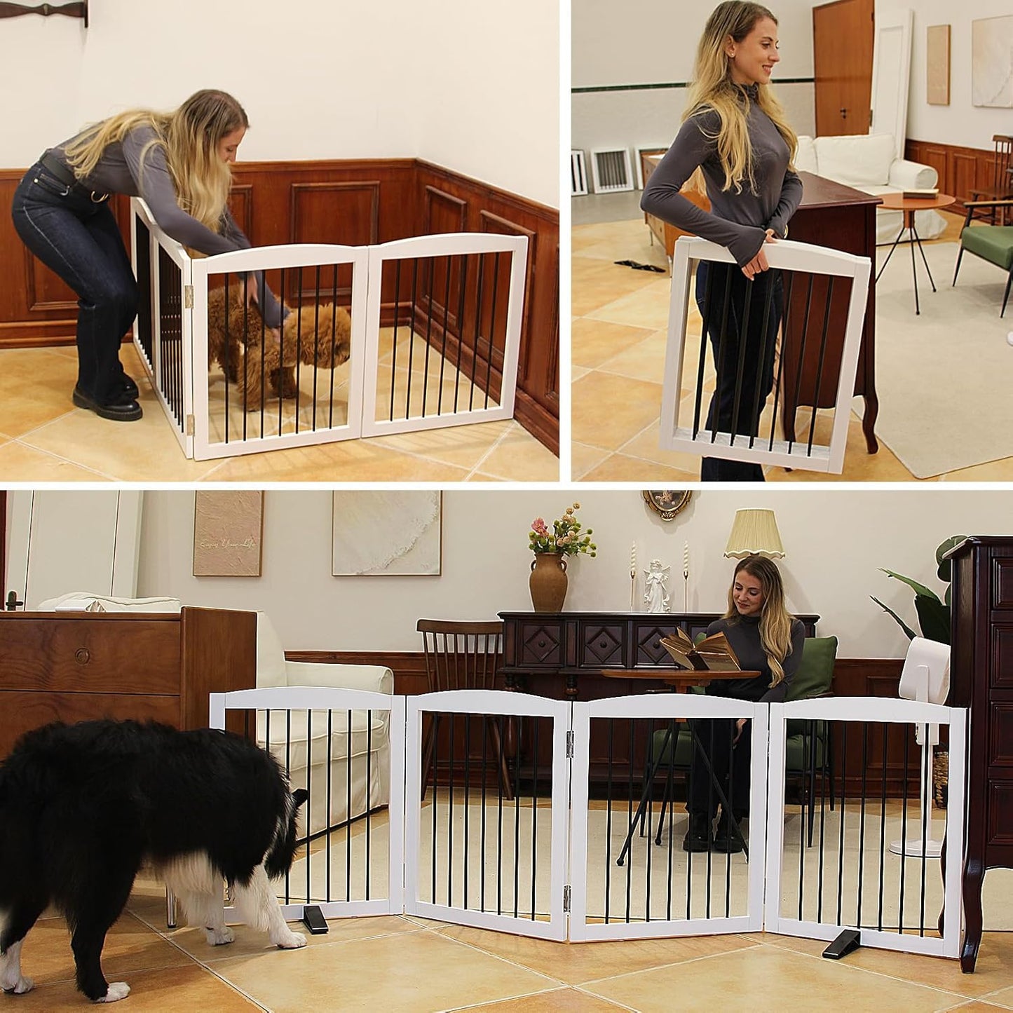 ZJSF Freestanding Panel Dog Gate for Indoor, Doorways,Stairs, or Hallways,Foldable Wooden White Pet Gates for House,Pet Gate for Dogs,Dog Fence, Puppy Gate,Support Feet Included, 32 "Height-2 Panels