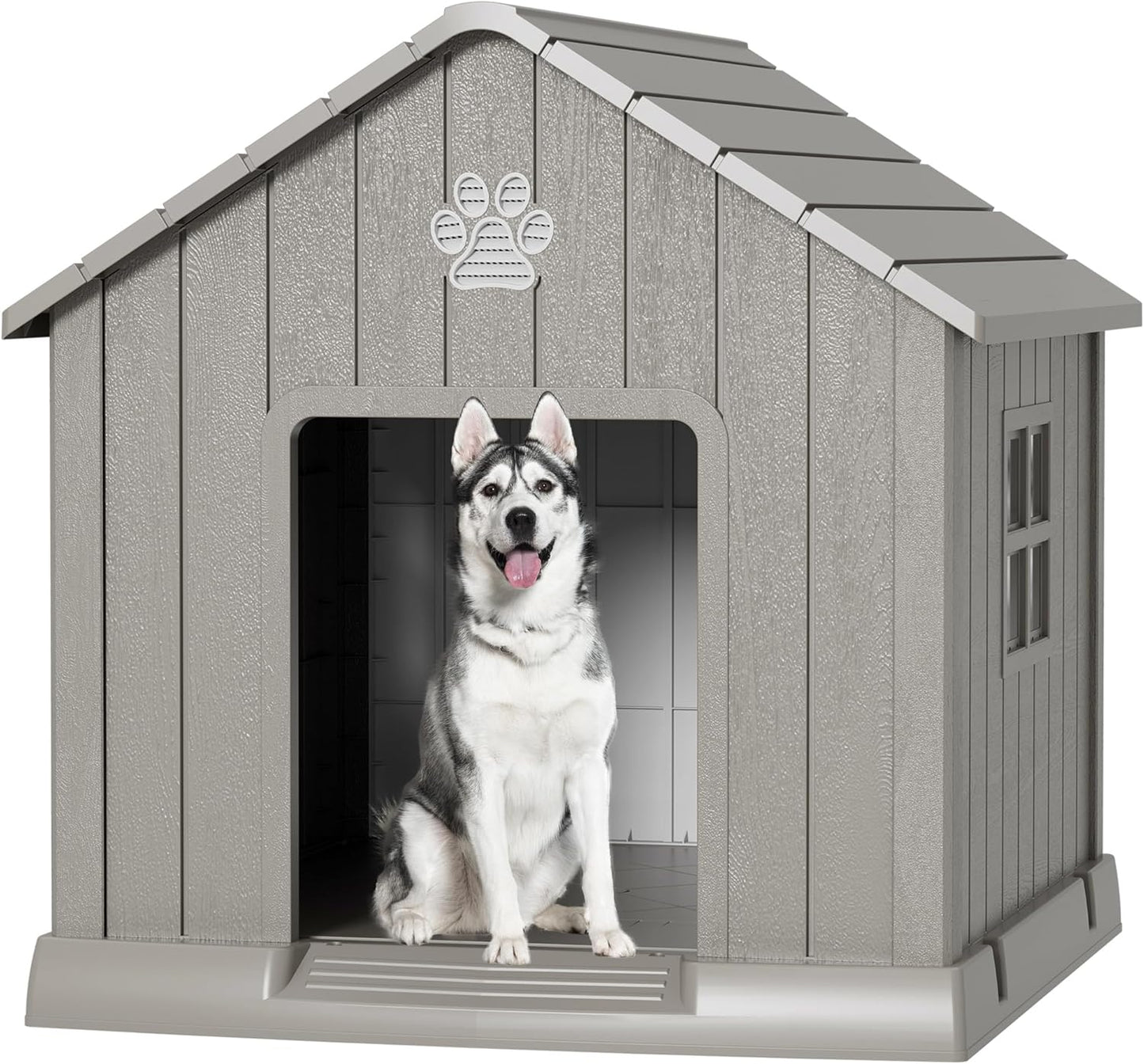 Large Dog House Outdoor Indoor for Medium Large Dogs, Durable Plastic Waterproof Doghouse with Air Vents and Elevated Floor, Easy Clean and Assemble (Grey, 37.2" L x 40" W x 40" H)