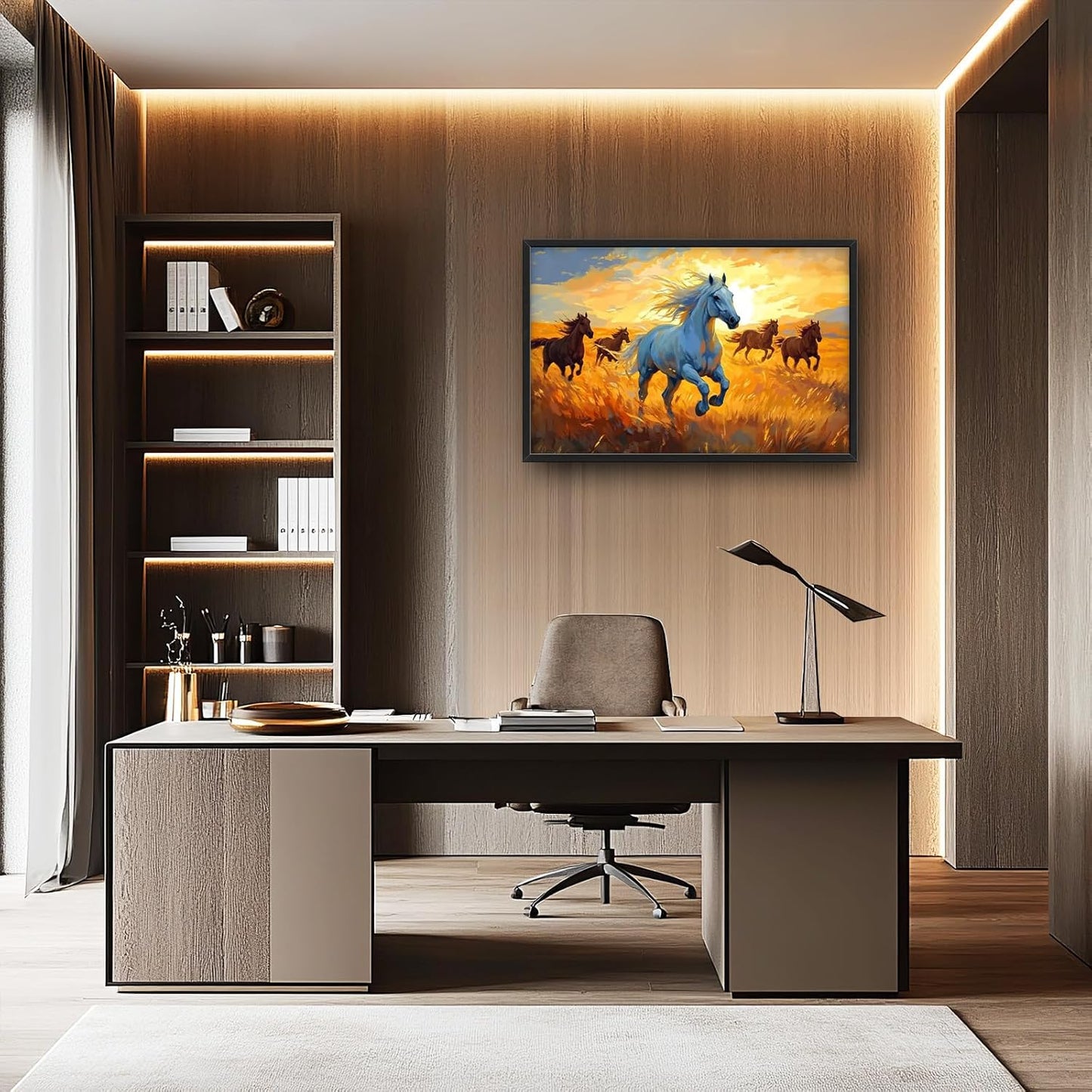 Framed Large Horse Wall Art for Living Room, Oversized Running Horses Wall Decor, Sunset Field Landscape Canvas Painting Home Decoration for Living Room Bedroom Dining Room Office 36"x24"