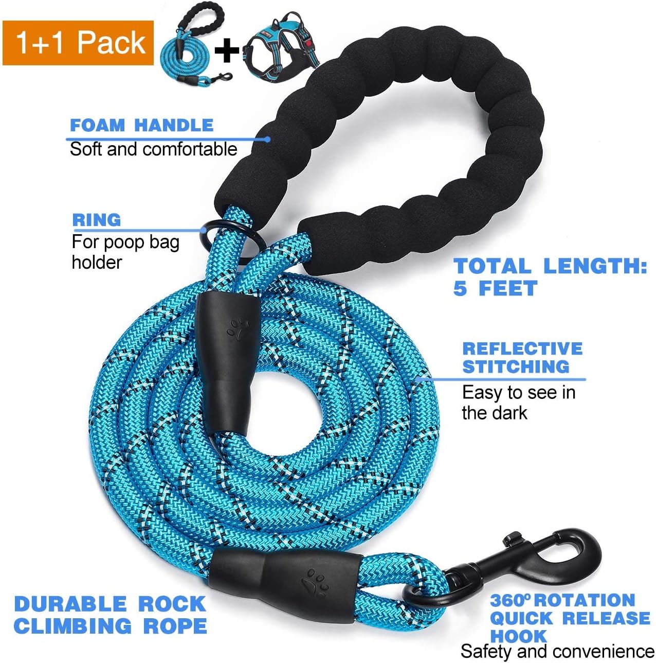 No Pull Dog Harness Adjustable Reflective Oxford Easy Control Medium Large Dog Harness with A Free Heavy Duty 5ft Dog Leash (S (Neck: 13"-18", Chest: 17.5"-22"), Blue Harness+Leash)