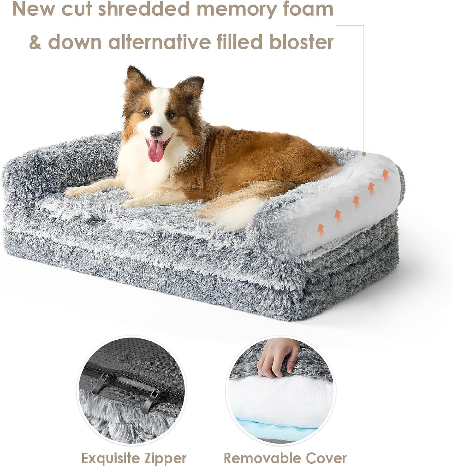 EHEYCIGA Foldable XL Dog Bed, Faux Fur Fluffy Pet Couch Bed for Large Dogs, Orthopedic Calming Memory Foam Big Pet Bed, Washable Soft Pet Sofa Bed with Non-Slip Bottom, Grey, 46"x34"x6.5"