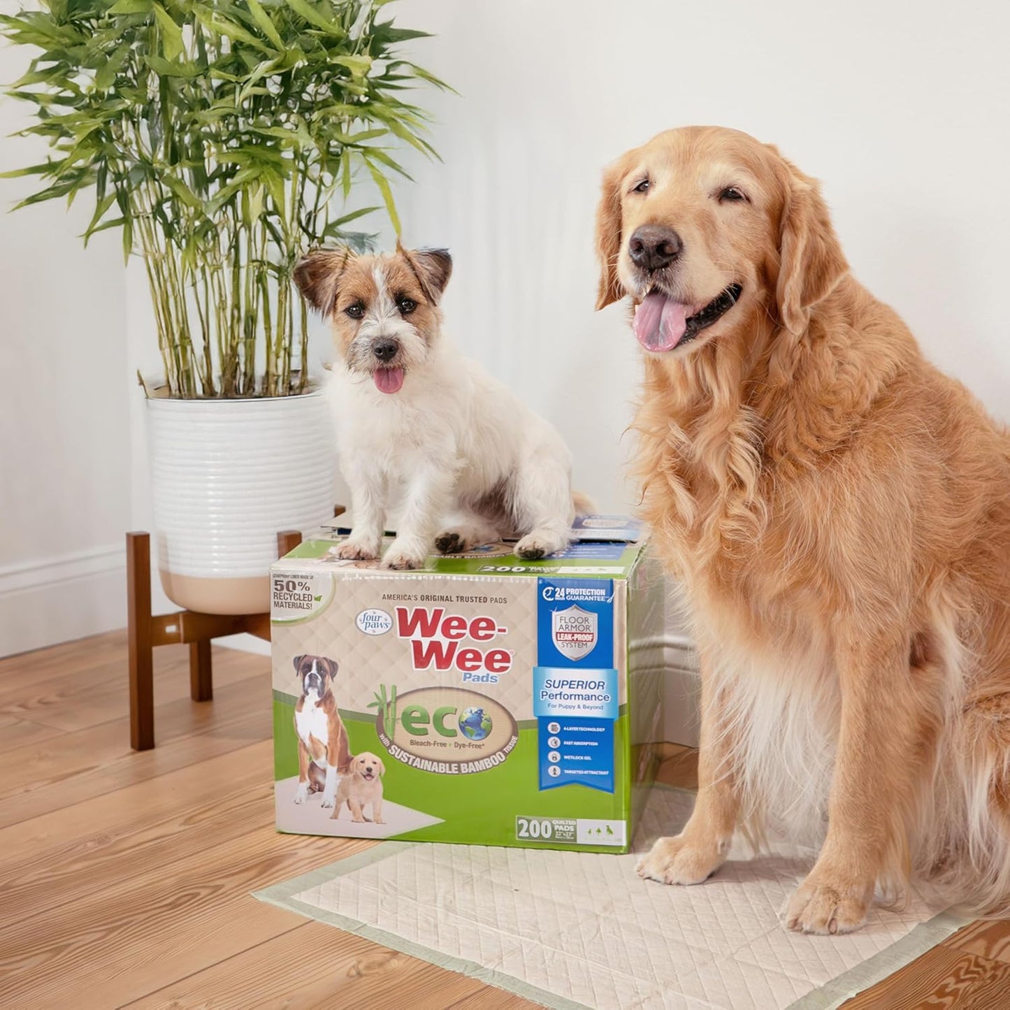 Four Paws Wee-Wee Superior Performance Bamboo Pee Pads for Dogs, Earth Friendly Dog & Puppy Potty Training Pads, Crate Liners, Housebreaking Supplies, 22" x 23" (32 Count)