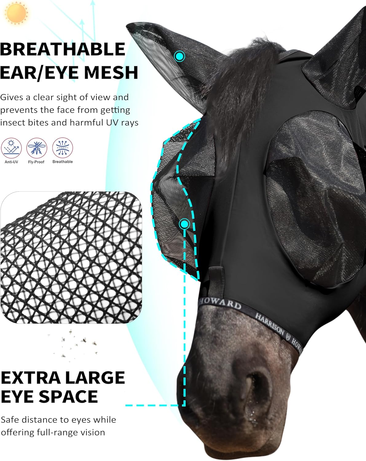 Harrison Howard Horse Fly Mask with Forelock Opening Stretch Breathable and Comfortable for Horses UV -Protection Black M