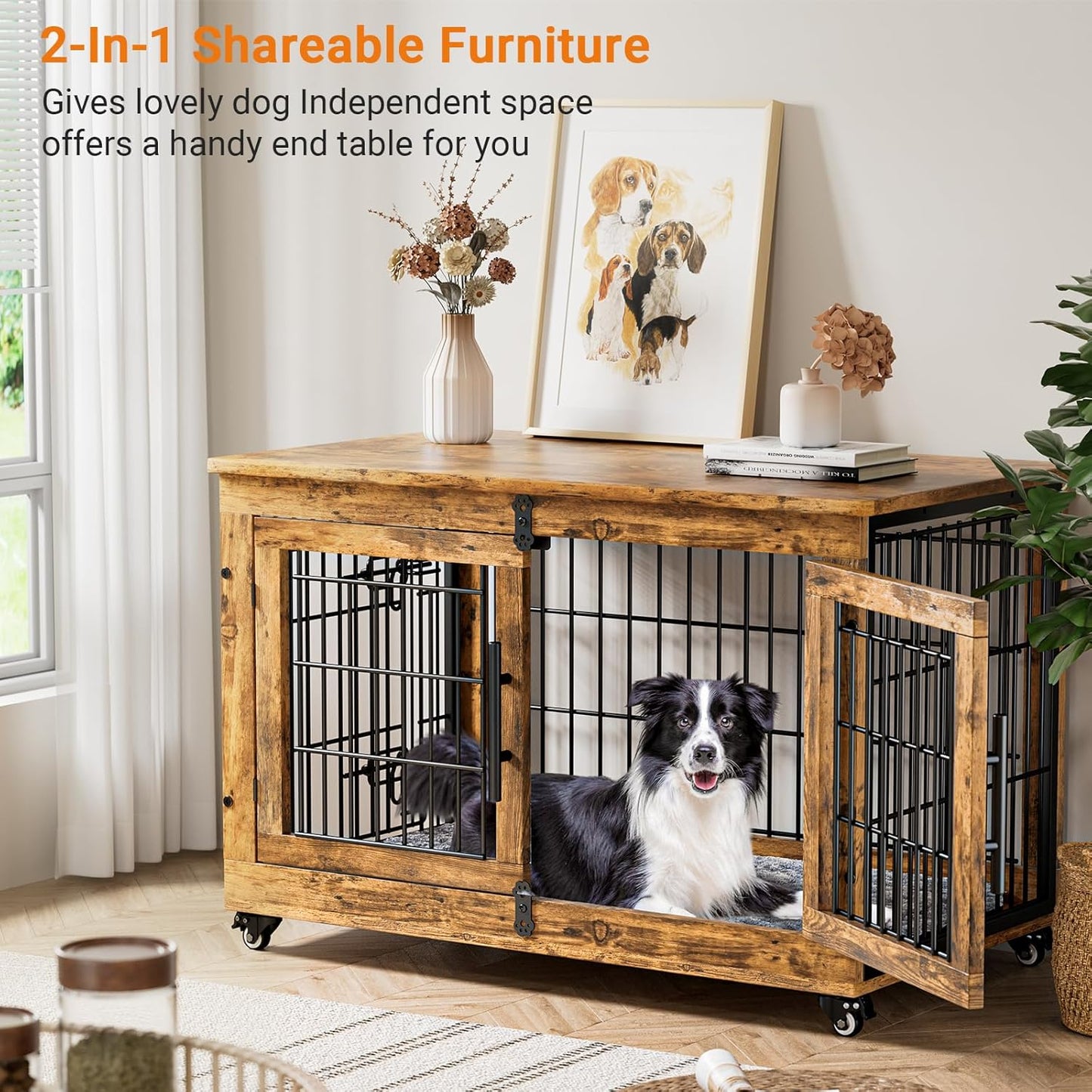 Lulive Dog Crate Furniture, Dog Kennel Indoor Double Doors Wooden Dog Cage, 38'' Heavy Duty Dog Crate with Cushion & Wheels, Decorative End Table Pet House Chew-Resistant for Large/Medium, Brown