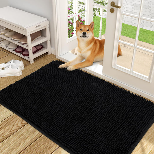 OLANLY Dog Door Mat for Muddy Paws 50x30, Absorbs Moisture and Dirt, Absorbent Non-Slip Washable Doormat, Quick Dry Chenille Mud Mat for Dogs, Entry Indoor Entryway Carpet for Inside Floor, Black