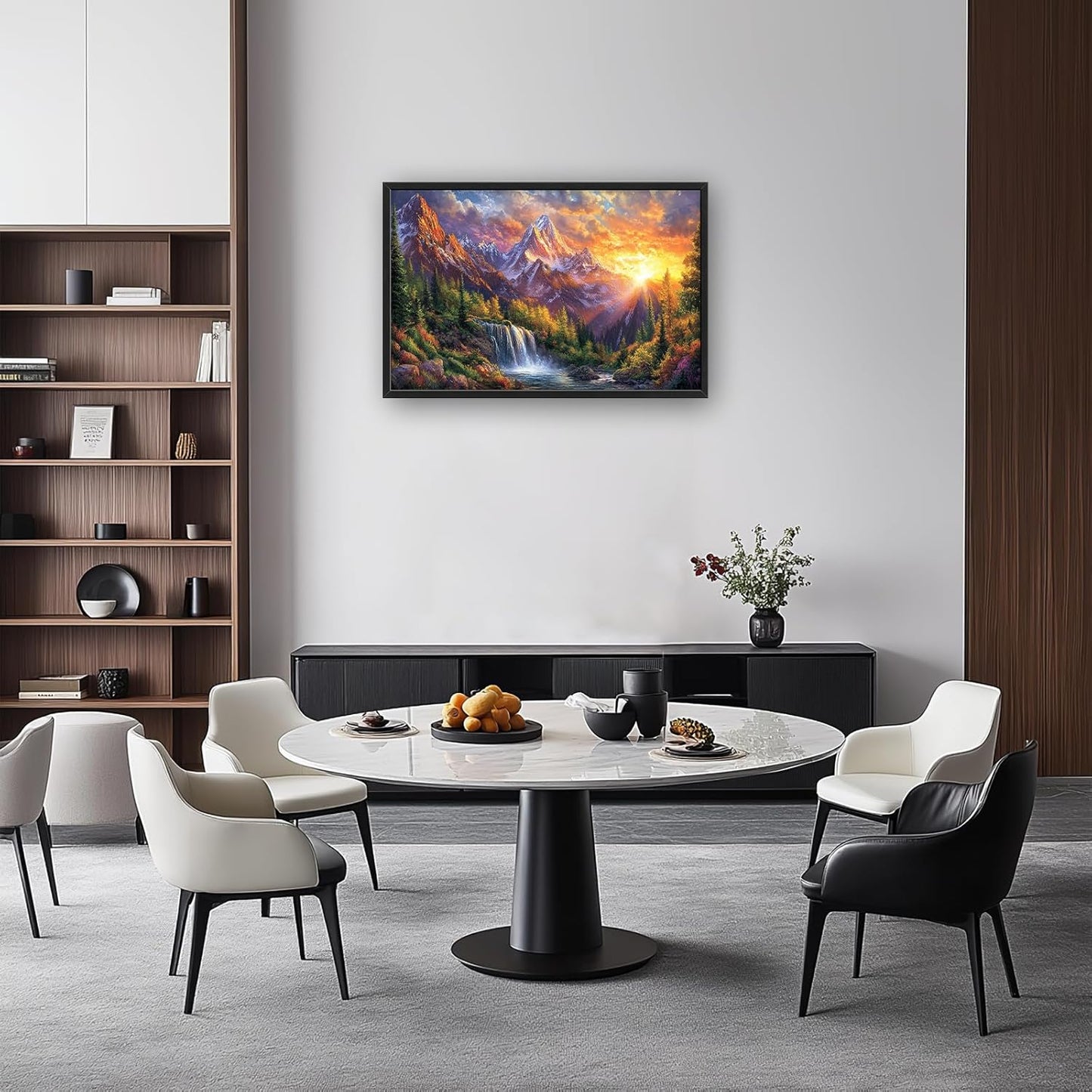 Large Mountain Tree Wall Art for Living Room, Framed Oversized Sunset Waterfall Wall Decor Nature Landscape Canvas Painting Modern Artwork for Living Room Bathroom Bedroom Office Dining Room 36"x24"