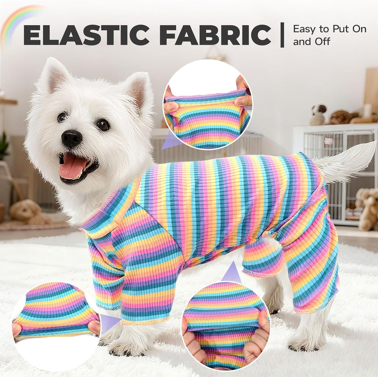 BAEJMJK Striped Dog Pajamas Stretchy Cute Four-Legged Boy Girl Dog Clothes with Sleeves Comfortable Dogs Jumpsuit Colorful Pet Puppy Outfits Apparel for Small Medium Dogs Cats(Pink,Pink,Small)