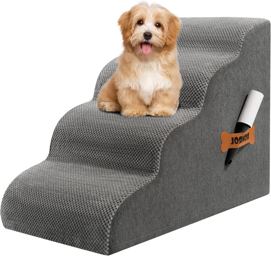 Romrol Dog Stairs Ramp for High Beds Couches, 33D High Density Foam Pet Steps with Durable Non-Slip Waterproof Fabric Cover, Dog Stairs for Small Dogs or Cats or Pets, 4-Step,Grey
