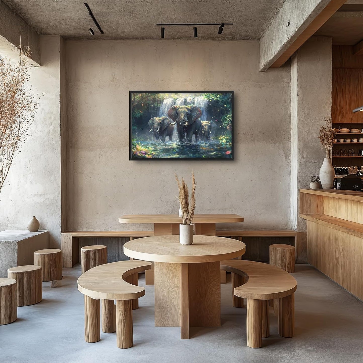 Large Elephant Wall Art for Living Room, Framed Oversized Forest Waterfall Wall Decor, Nature Landscape Canvas Painting Wildlife Artwork for Living Room Dining Room Bathroom Bedroom Office 36"x24"