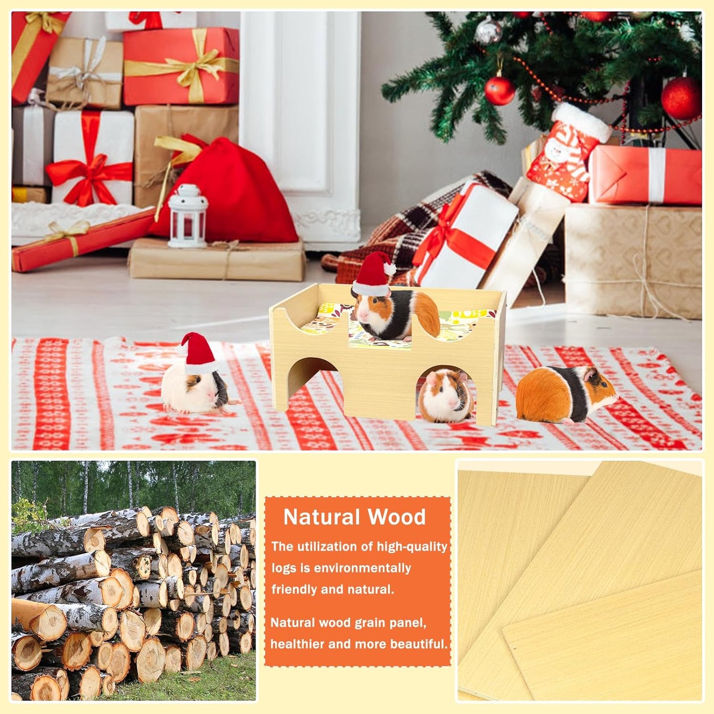 Large Guinea Pig Hideout, Sturdy Wooden Guinea Pig House, Small Animal Toys Accessories Bed Hut Habitats with Ramp and Mat, Easy to Install for Hamsters Bunny Rabbit Playing Hiding