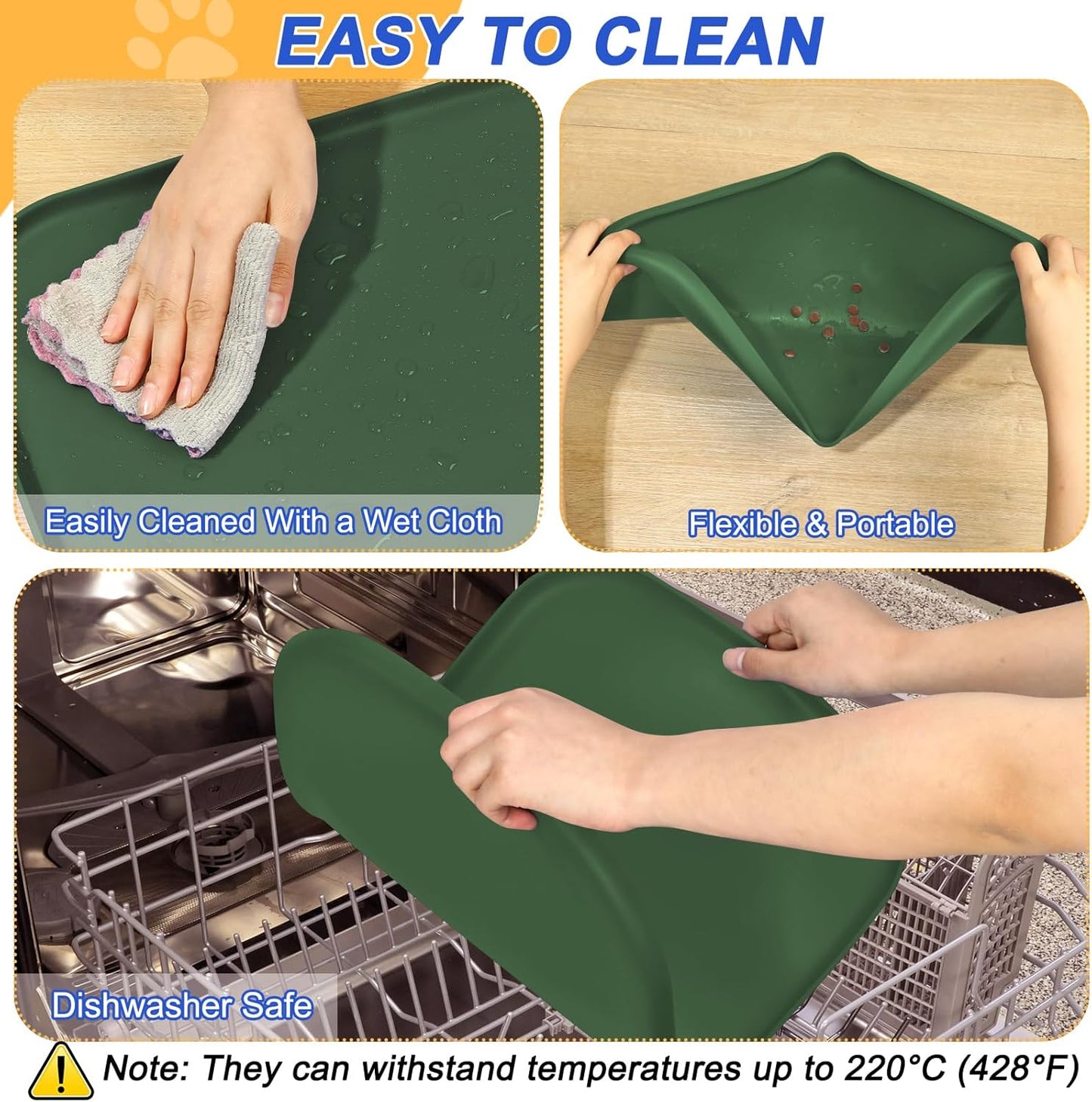 Silicone Pet Feeding Mat with Raised Edge for Food and Water, Dog Bowl Mats, Cat Bowls Placemat with High Lip for Floor Waterproof, Rubber Tray for Cats and Dogs 22 x 14 x0.8 Dark Olive