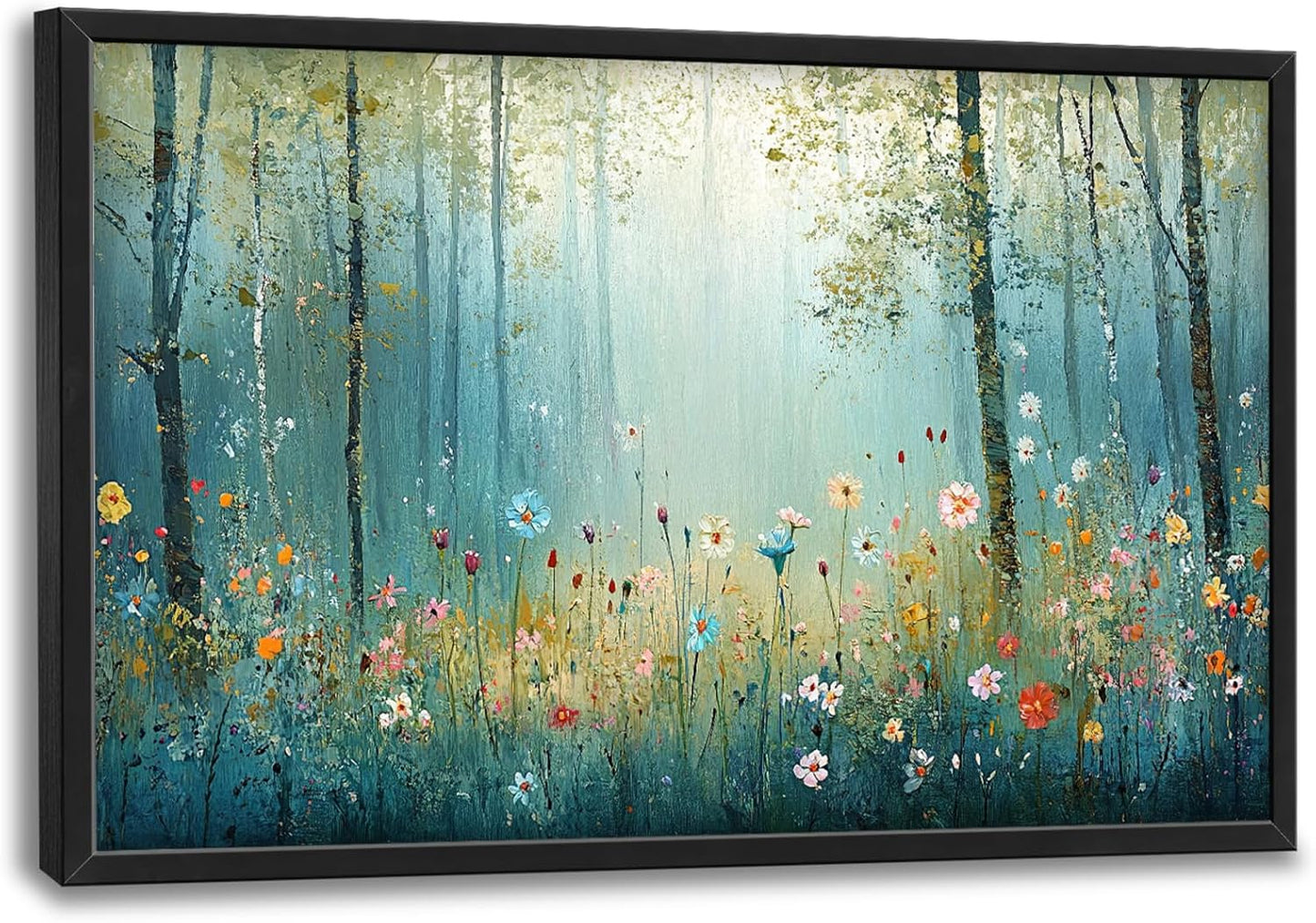 Large Forest Tree Wall Art for Living Room, Framed Oversized Wildflowers Wall Decor, Foggy Landscape Canvas Painting Modern Artwork Home Decoration for Dining Room Bedroom Office 36"x24"