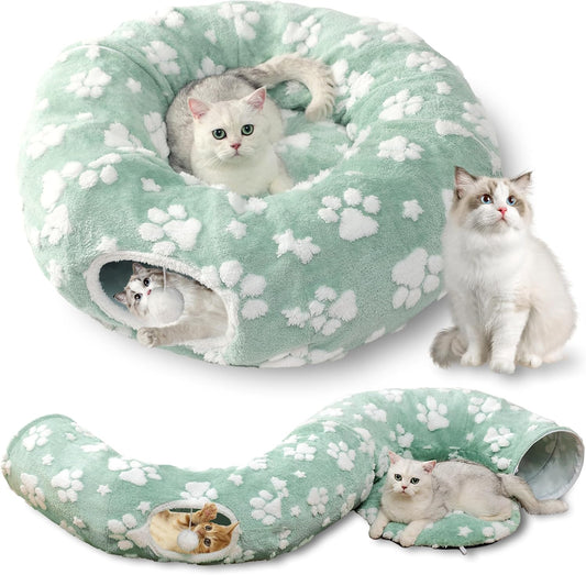 Cat Tunnel for Indoor Cats, Cute Peekaboo Cave with Dangling Balls, Pet Donut Tunnel Bed with Circle Mat for Puppy Kitten Rabbit, Green