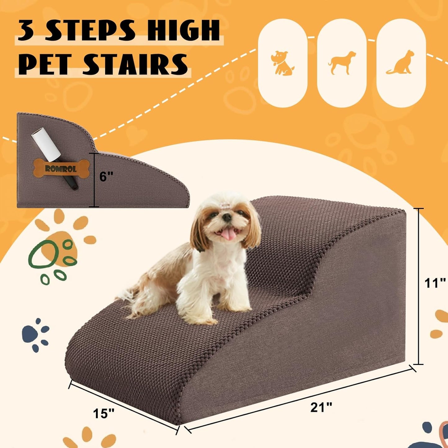 High Density Foam Dog Stairs Ramp for Beds Couches, Romrol Pet Steps with Durable Non-Slip Waterproof Fabric Cover, Dog Slope Stairs Friendly to Small Dogs and Cats or Pets Joints, 2-Tiers