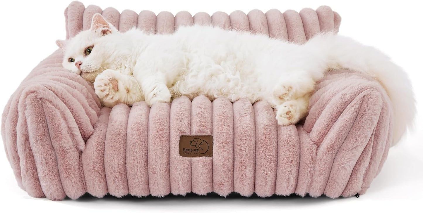 Bedsure Cute Cat Couch for Pets - Fluffy Cat Sofa with Premium Soft Corduroy Fleece, Fuzzy Pet Couch Bed with Removable Washable Cover, Supportive Chair for Indoor Cats, 24inch, Blush Pink