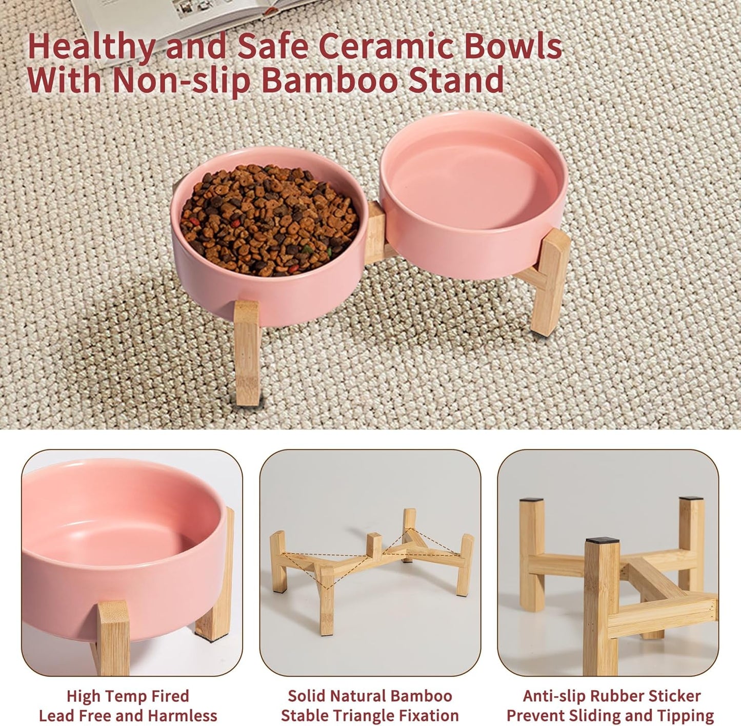 Elevated Ceramic Dog Bowl Set - Raised Feeding Bowls with Non-Slip Bamboo Stand - Small Pet Dishes for Food and Water - Ideal for Cats and Puppies - 16.23 OZ - 2 Cups - 480 ML