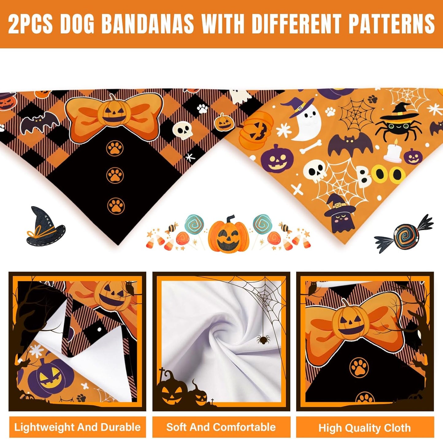 Halloween Dog Bandanas 2 Pcs, Pet Scarf for Dog Girl Boy, Spooky Triangle Puppy Scarf Kerchief Bandana Pet Dogs On Halloween, Ghost Pumpkin Bat Print Gifts for Dogs Lovers (Medium)