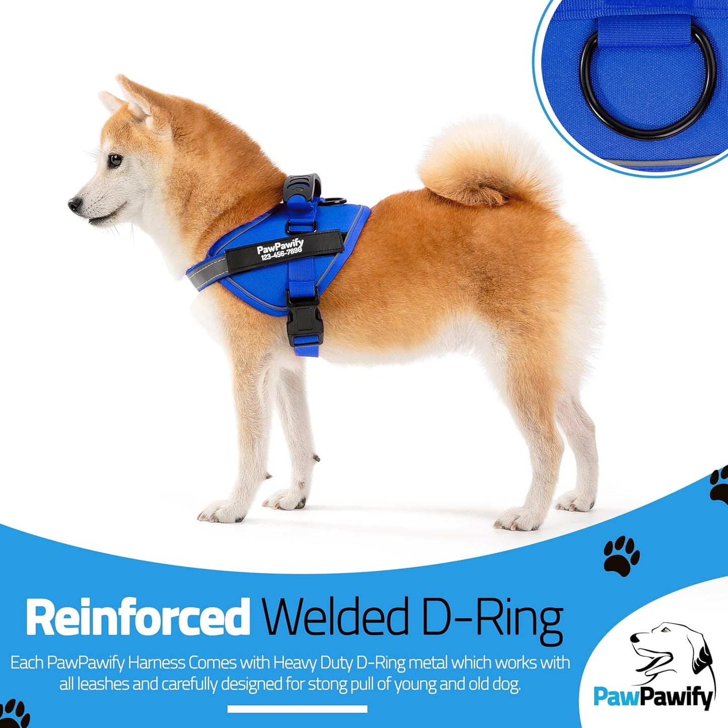 PawPawify Custom No Pull Dog Harness with Name and Phone Number, Heavy Duty Personalized Pet Vest to Prevent Tugging, Pulling, or Choking, Training and Walking (New Blue, XXL (85-140 LBS))