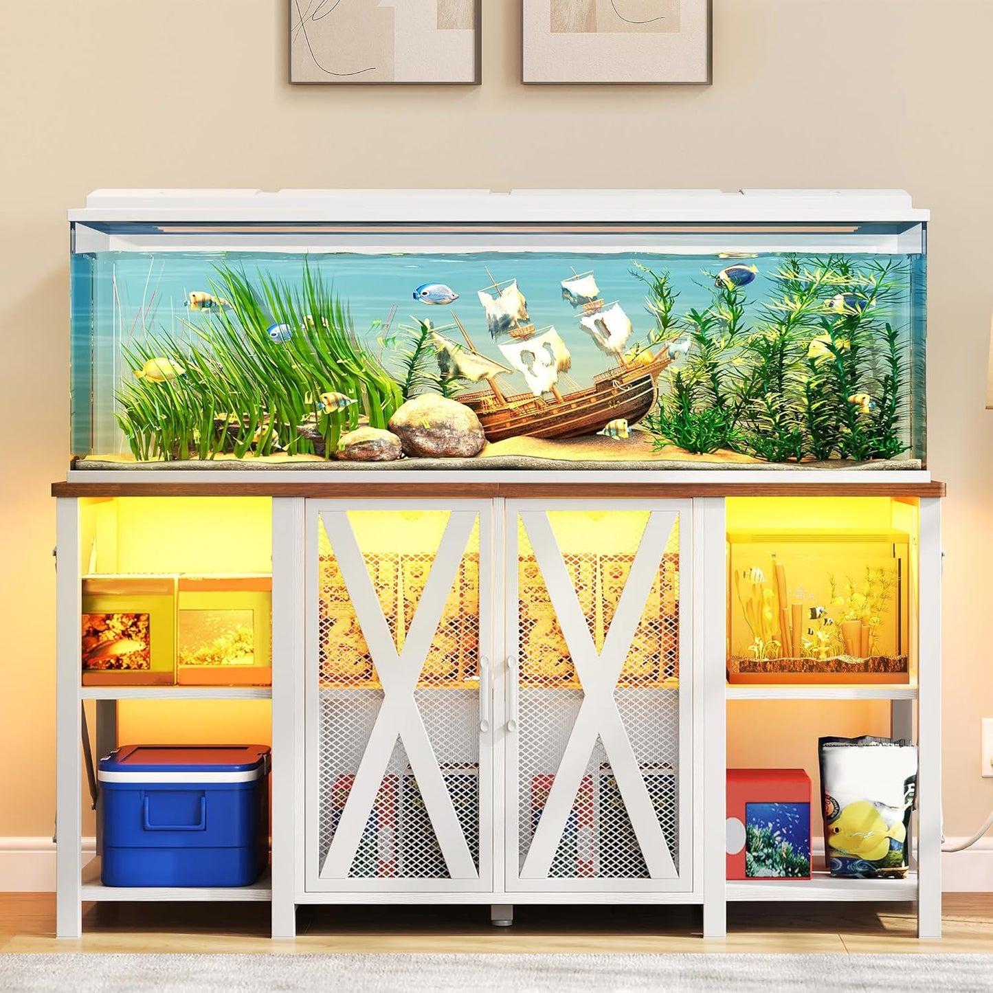 YITAHOME 90-120 Gallon Reptile Tank Stand with Power Outlet & LED Light, Heavy Duty Aquarium Stand with Accessories Storage Cabinet - Metal Fish Tank Stand for Turtle, Reptile, 2000LBS Capacity, White