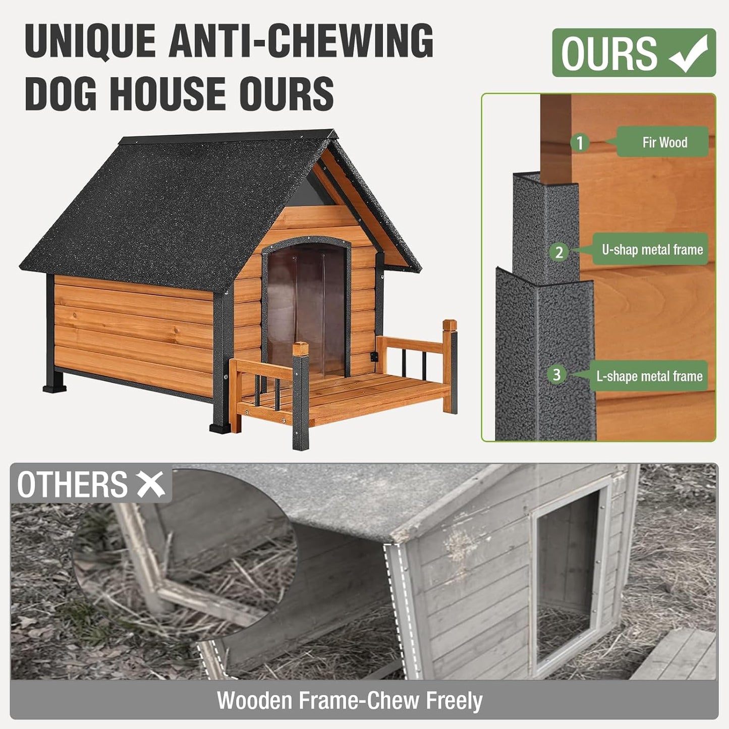 Dog House Outdoor Insulated for Winter, Puppy Kennel with Anti-Chewing Iron Frame, Weatherproof Dog Crate with Insulated Liner for Small Medium Large Dogs (Brown, 45" x 32.9" x 32.6")