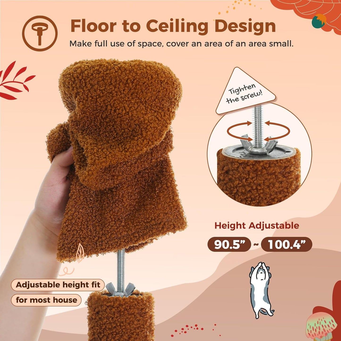 PEQULTI Mushroom Cat Tree Floor to Ceiling Cat Tower Adjustable Height (90.5''-100.4'' = 230cm-252cm) with Cat Condo, Cozy Hammock and Scratching Post, Tall Activity Tree for Indoor Cats, Brown