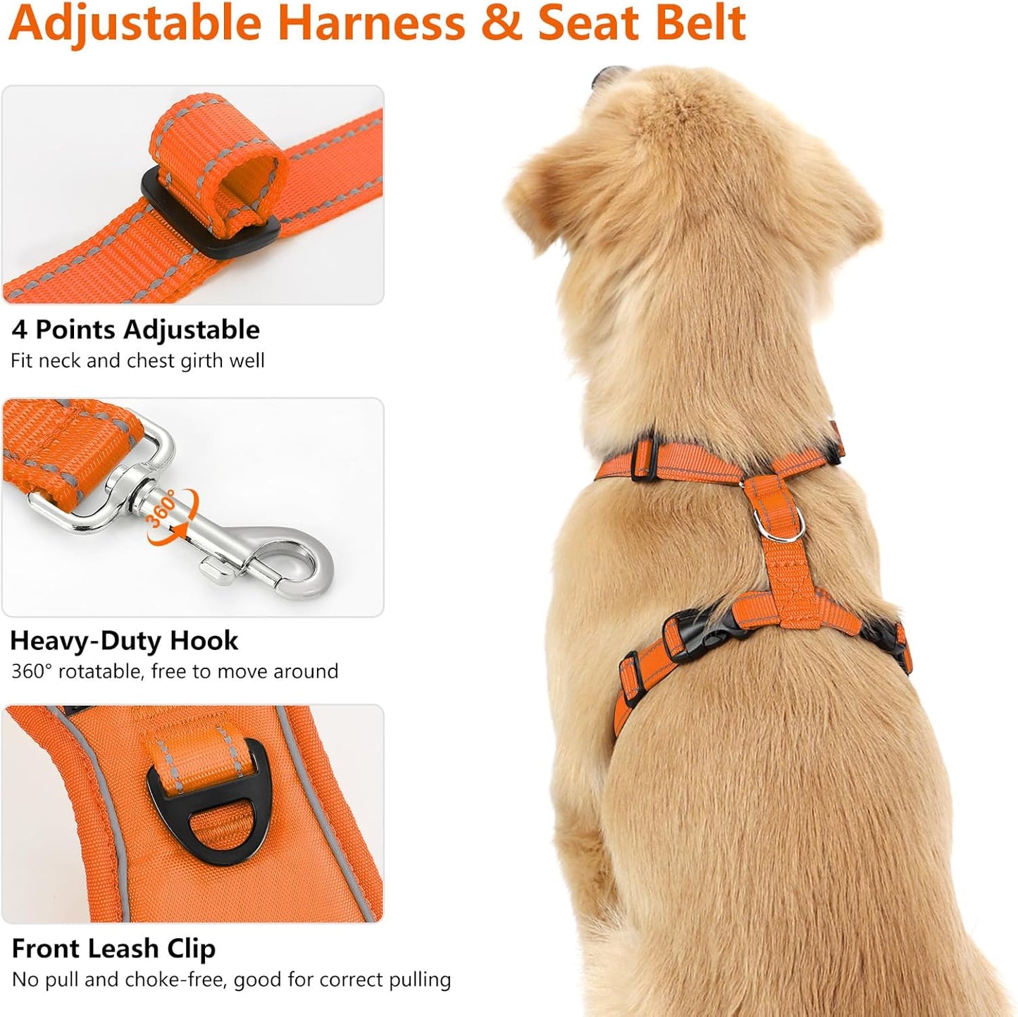 Dog Seat Belt Harness for Car, Dog Car Harness Adjustable Mesh Breathable & Dogs Seatbelt Safety Tether with Elastic Bungee for Small Medium Large Pets(Orange, M)
