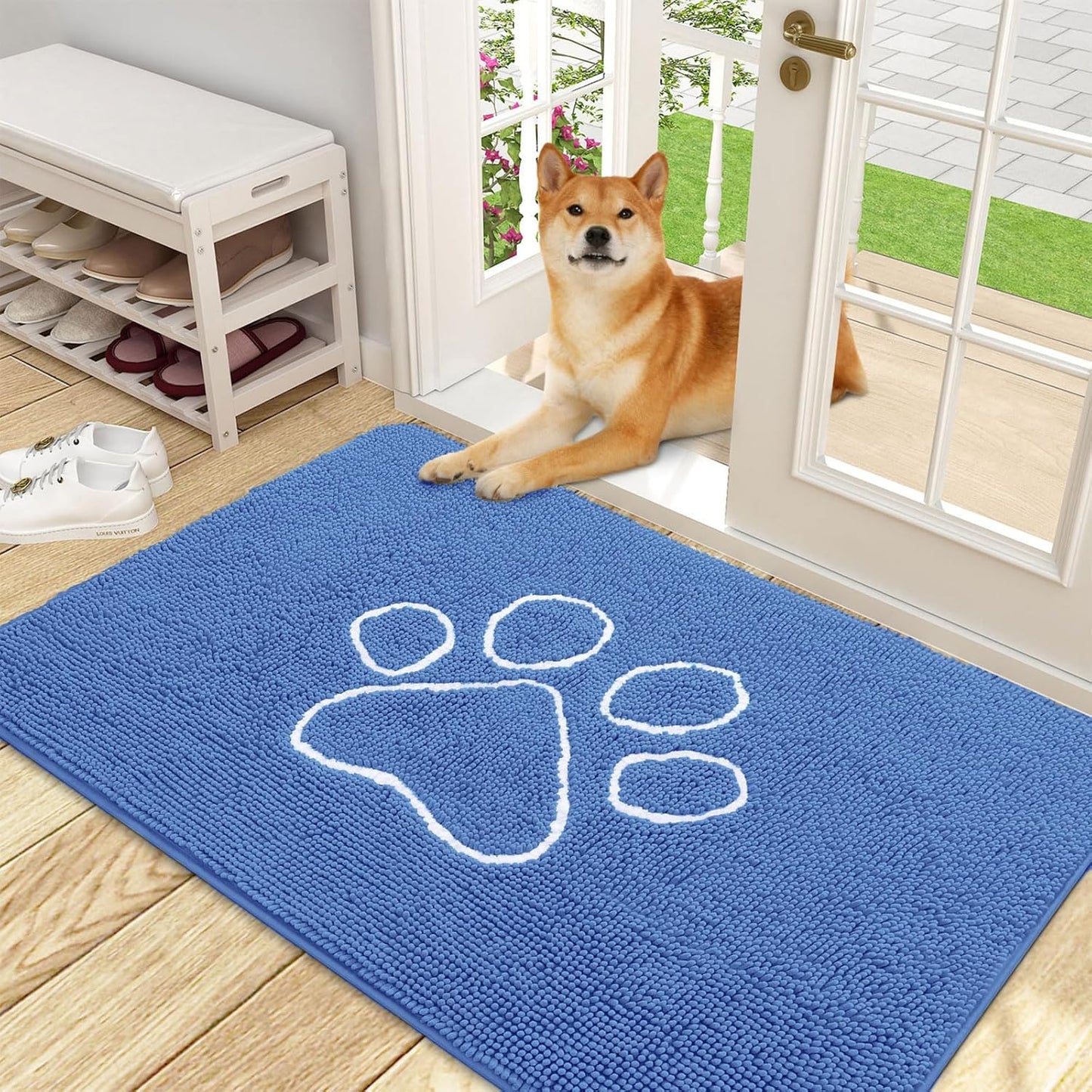 OLANLY Door Mat for Muddy Dog Paws 48x30, Absorbent Chenille Mud Doormat with Paw Print Design, Non-Slip Washable Doormat for Indoor Entryway, Quick-Dry Pet Bed Mats for Dirty Dogs, Cornflower Blue